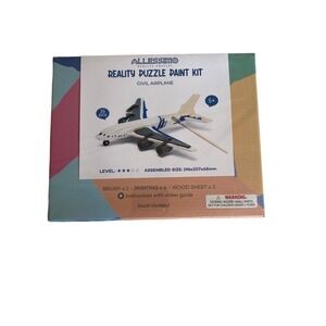 Allessimo Reality Puzzle Paint Kit Civil Airplane 3D Wood Model 35pc Set NEW